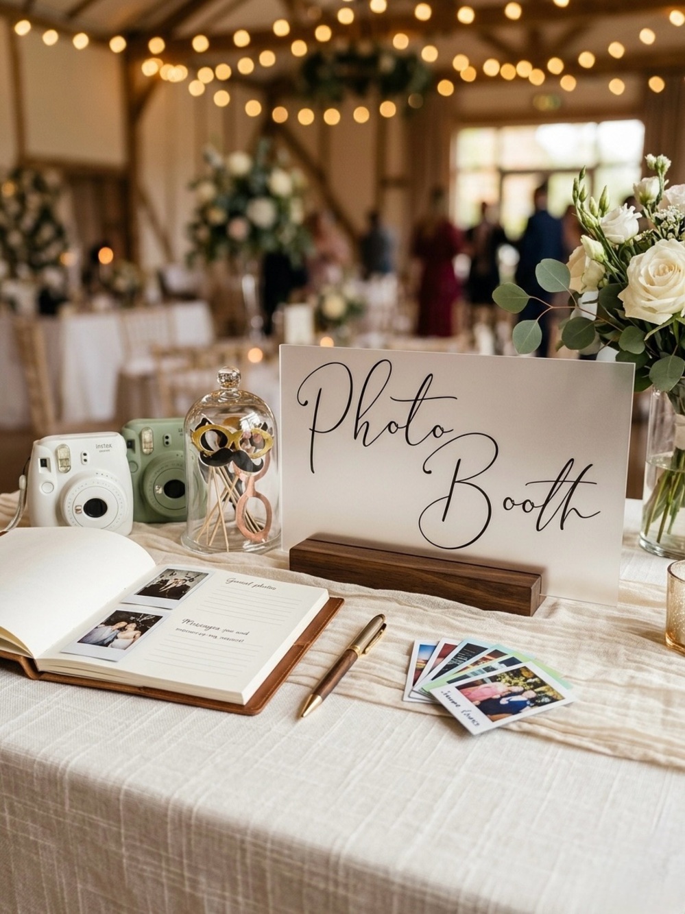 Frosted Acrylic Photo Booth Sign with Dark Walnut Wood Base Wedding Decor